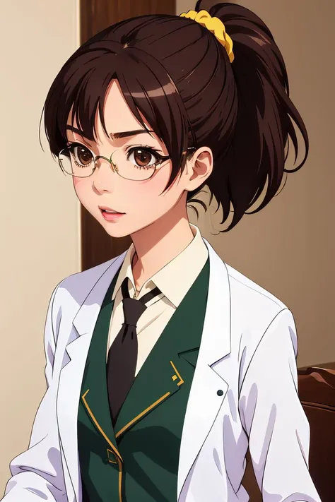 (masterpiece, best quality), 1girl,  <lora:rika shiguma s2-lora-nochekaiser:1> rika shiguma, brown hair, (brown eyes:1.3), ponytail, glasses, scrunchie, yellow scrunchie, school uniform, necktie, labcoat,