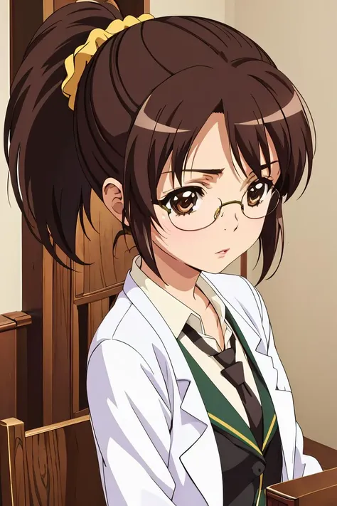 (masterpiece, best quality), 1girl,  <lora:rika shiguma s2-lora-nochekaiser:1> rika shiguma, brown hair, (brown eyes:1.3), ponytail, glasses, scrunchie, yellow scrunchie, school uniform, necktie, labcoat,