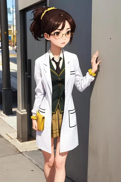 (masterpiece, best quality), 1girl,  <lora:rika shiguma s2-lora-nochekaiser:1> rika shiguma, brown hair, (brown eyes:1.3), ponytail, glasses, scrunchie, yellow scrunchie, school uniform, necktie, labcoat,