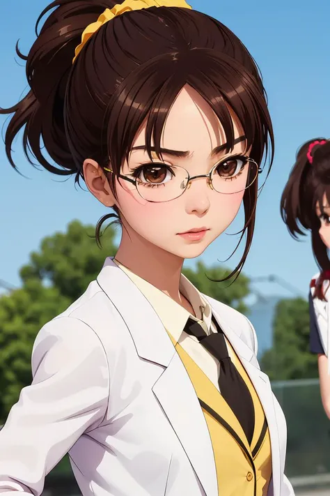 (masterpiece, best quality), 1girl,  <lora:rika shiguma s2-lora-nochekaiser:1> rika shiguma, brown hair, (brown eyes:1.3), ponytail, glasses, scrunchie, yellow scrunchie, school uniform, necktie, labcoat,