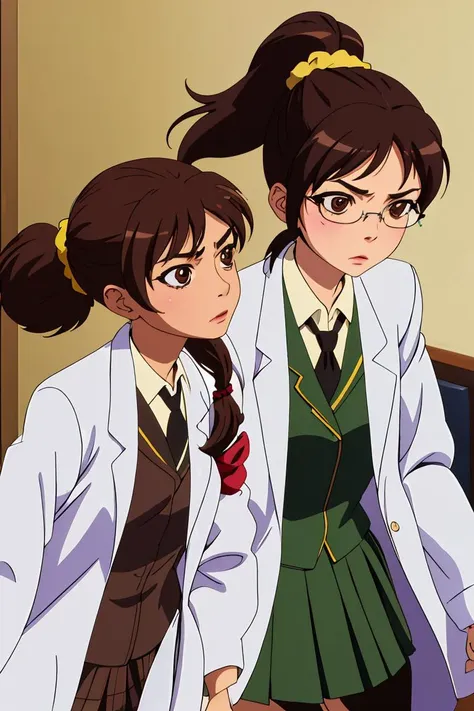 (masterpiece, best quality), 1girl,  <lora:rika shiguma s2-lora-nochekaiser:1> rika shiguma, brown hair, (brown eyes:1.3), ponytail, glasses, scrunchie, yellow scrunchie, school uniform, necktie, labcoat,