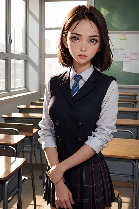 Emma Watson dressed in catholic school uniform, classroom