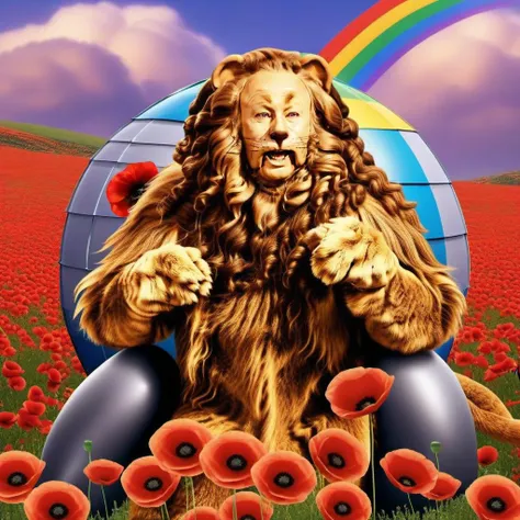 CowardlyLion1024,  full body, a man with fur and long hair , yellow brick road, poppies, rainbow, hot air balloon, detailed eyes, highly detailed, photography, ultra sharp, film, bokeh, professional, 4k   <lora:CowardlyLion1024-000480:0.8>