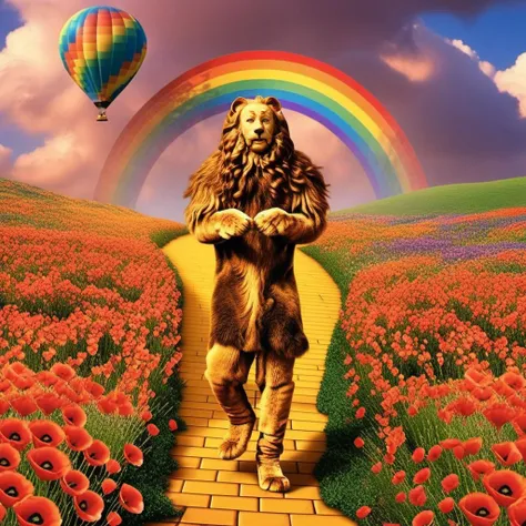 CowardlyLion1024, full body, a man with long hair , yellow brick road, poppies, rainbow, hot air balloon, detailed eyes, highly detailed, photography, ultra sharp, film, bokeh, professional, 4k <lora:CowardlyLion1024-000480:0.8> <lora:add-detail-xl:2>