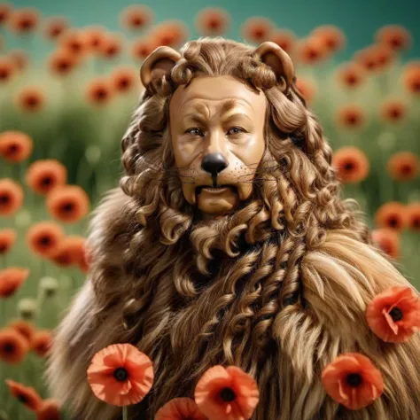 CowardlyLion1024, a furry man with a tail , full body, in a poppy fied, detailed eyes, highly detailed, photography, ultra sharp, film, bokeh, professional, 4k <lora:CowardlyLion1024-000480:0.8> <lora:add-detail-xl:2>