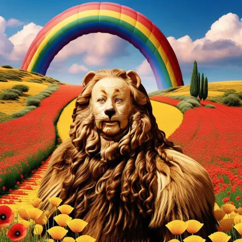 CowardlyLion1024, full body, a man with long hair , yellow brick road, poppies, rainbow, hot air balloon, detailed eyes, highly detailed, photography, ultra sharp, film, bokeh, professional, 4k <lora:CowardlyLion1024-000480:0.8> <lora:add-detail-xl:2>