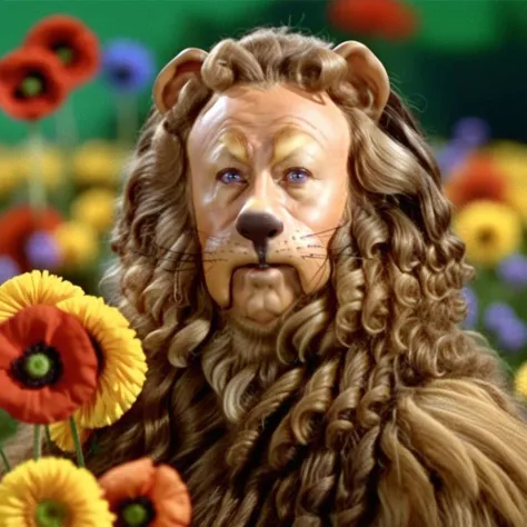 CowardlyLion1024, very closeup face portrait, a man with long hair , yellow brick road, poppies, rainbow, hot air balloon, detailed eyes, highly detailed, photography, ultra sharp, film, bokeh, professional, 4k   <lora:CowardlyLion1024-000480:0.8>