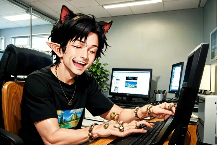 <lora:TankStanceMeme:0.8> 1boy, 1girl, animal ears, belt, black hair, closed eyes, computer, elf, indoors, jewelry, open mouth, shirt, short hair, short sleeves, smile, smug, tankstancememe, upper body