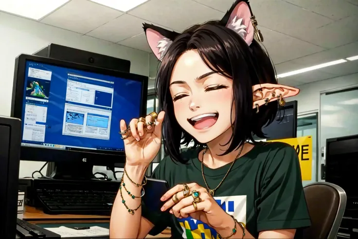 <lora:TankStanceMeme:0.8> 1boy, 1girl, animal ears, belt, black hair, closed eyes, computer, elf, indoors, jewelry, open mouth, shirt, short hair, short sleeves, smile, smug, tankstancememe, upper body