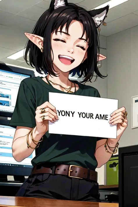 1girl, animal ears, belt, black hair, closed eyes, computer, elf, indoors, jewelry, open mouth, shirt, short hair, short sleeves, smile, smug, tankstancememe, holding, holding a sign, upper body, <lora:TankStanceMeme:0.8>