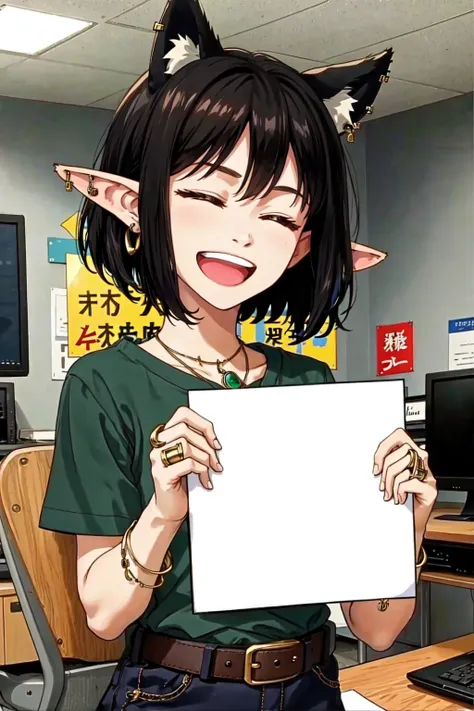 1girl, animal ears, belt, black hair, closed eyes, computer, elf, indoors, jewelry, open mouth, shirt, short hair, short sleeves, smile, smug, tankstancememe, holding, holding a sign, upper body, <lora:TankStanceMeme:0.8>