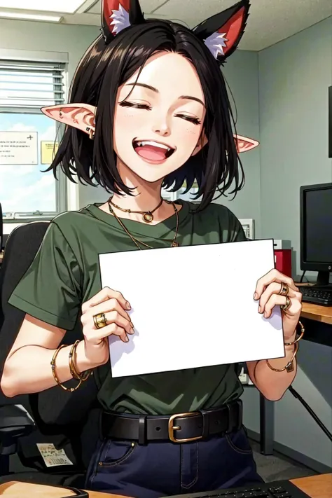 1girl, animal ears, belt, black hair, closed eyes, computer, elf, indoors, jewelry, open mouth, shirt, short hair, short sleeves, smile, smug, tankstancememe, holding, holding a sign, upper body, <lora:TankStanceMeme:0.8>