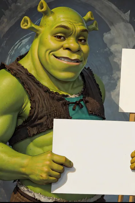 Tankstancememe, <lora:TankStanceMeme:1>, holding, holding a sign, smirk, solo, shrex, green skin, ogre, shrek, <lora:Char_Sigmas_Shrek:0.9>, upper body,