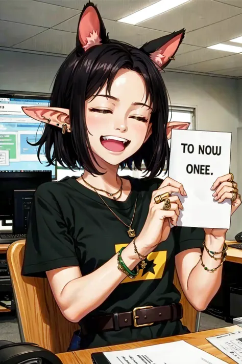 1girl, animal ears, belt, black hair, closed eyes, computer, elf, indoors, jewelry, open mouth, shirt, short hair, short sleeves, smile, smug, tankstancememe, holding, holding a sign, upper body, <lora:TankStanceMeme:0.8>