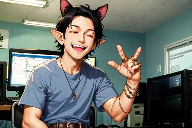 <lora:TankStanceMeme:0.8> 1boy, 1girl, animal ears, belt, black hair, closed eyes, computer, elf, indoors, jewelry, open mouth, shirt, short hair, short sleeves, smile, smug, tankstancememe, upper body