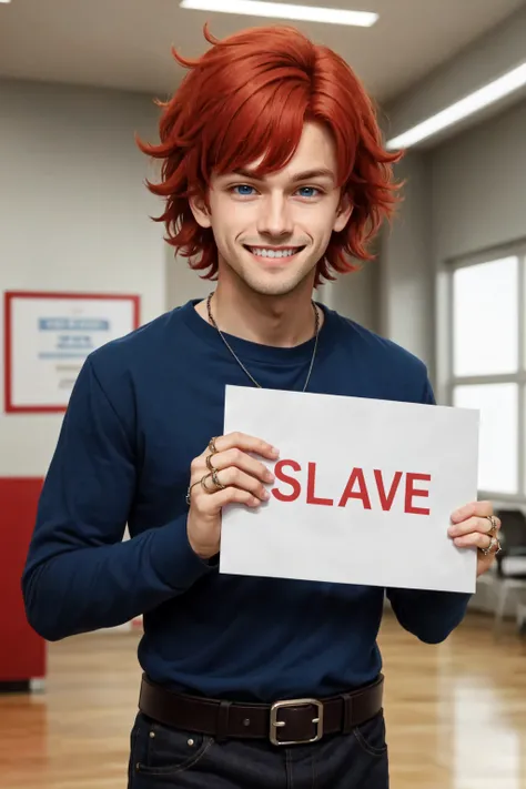 1boy, male focus, solo, belt, red hair, blue eyes, indoors, jewelry, open mouth, shirt, fluffy hair, short hair, long sleeves, smile, smug, tankstancememe, holding, holding a sign, upper body, <lora:TankStanceMeme:0.8>