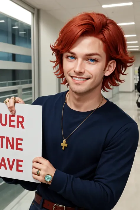 1boy, male focus, solo, belt, red hair, blue eyes, indoors, jewelry, open mouth, shirt, fluffy hair, short hair, long sleeves, smile, smug, tankstancememe, holding, holding a sign, upper body, <lora:TankStanceMeme:0.8>