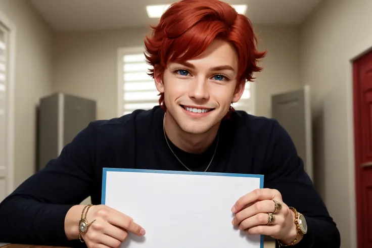 1boy, male focus, solo, belt, red hair, blue eyes, indoors, jewelry, open mouth, shirt, fluffy hair, short hair, long sleeves, smile, smug, tankstancememe, holding, holding a sign, upper body, <lora:TankStanceMeme:0.8>