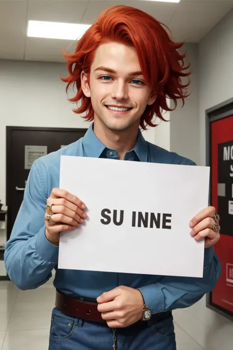 1boy, male focus, solo, belt, red hair, blue eyes, indoors, jewelry, open mouth, shirt, fluffy hair, short hair, long sleeves, smile, smug, tankstancememe, holding, holding a sign, upper body, <lora:TankStanceMeme:0.8>