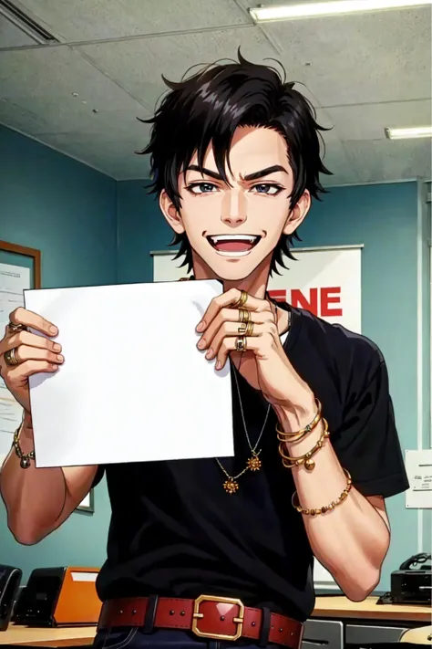 1boy, male focus, solo, belt, black hair, indoors, jewelry, open mouth, shirt, short hair, short sleeves, smile, smug, tankstancememe, holding, holding a sign, upper body, <lora:TankStanceMeme:0.8>