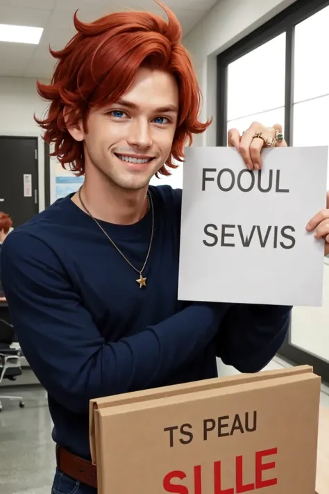 1boy, male focus, solo, belt, red hair, blue eyes, indoors, jewelry, open mouth, shirt, fluffy hair, short hair, long sleeves, smile, smug, tankstancememe, holding, holding a sign, upper body, <lora:TankStanceMeme:0.8>