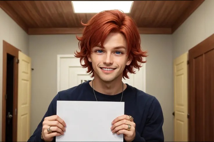 1boy, male focus, solo, belt, red hair, blue eyes, indoors, jewelry, open mouth, shirt, fluffy hair, short hair, long sleeves, smile, smug, tankstancememe, holding, holding a sign, upper body, <lora:TankStanceMeme:0.8>