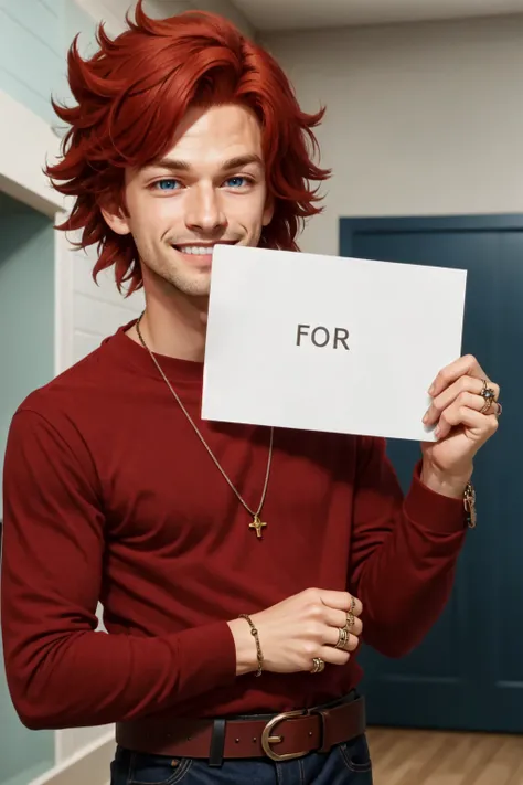 1boy, male focus, solo, belt, red hair, blue eyes, indoors, jewelry, open mouth, shirt, fluffy hair, short hair, long sleeves, smile, smug, tankstancememe, holding, holding a sign, upper body, <lora:TankStanceMeme:0.8>