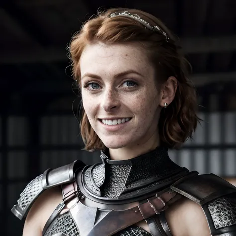 high quality photo of  <lora:Smac:1> smac, ginger hair, smiling, closed mouth
 <lora:MetalArmor-10:0.4> metar, armor, chainmail, metal,  fFaceDetail