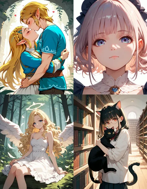 https://civitai.com/articles/5300 ___ All images: score_9, score_8_up, score_7_up ___ 1st image: 1girl, 1boy, Princess_Zelda, \(The_Legend_of_Zelda:_Breath_of_the_Wild\), standing, kiss, hug, closed_eyes ___ 2nd image: 1girl, lovely face, portrait, close-up, looking_at_viewer, closed_mouth ___ 3rd image: 1girl, solo, blonde_hair, wavy_hair, angel, angel_wings, halo, smile, sitting, forest, white_dress ___ 4th Image: 1girl, solo, long_hair, black_hair, blunt_bangs, straight_hair, round_eyewear, cat_girl, cat_ears, cat_tail, standing, hug cat, looking_at_viewer, library