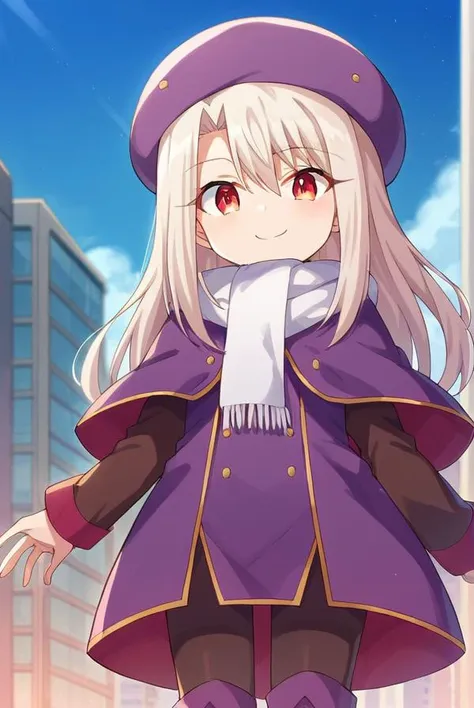 score_9, score_8_up, source_anime, 1girl, illyasvielvoneinzbern, illyasviel von einzbern, long hair, red eyes, white hair, hat, boots, scarf, coat, capelet, white scarf, purple headwear, fur hat, papakha, looking at viewer, smile, cityscape, blue sky <lora:illyasviel_von_einzbern-sdxl-nochekaiser-000008:1>