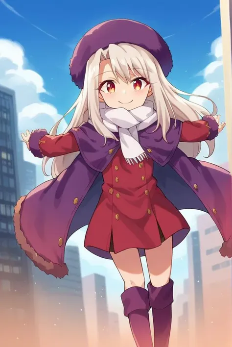 score_9, score_8_up, source_anime, 1girl, illyasvielvoneinzbern, illyasviel von einzbern, long hair, red eyes, white hair, hat, boots, scarf, coat, capelet, white scarf, purple headwear, fur hat, papakha, looking at viewer, smile, cityscape, blue sky <lora:illyasviel_von_einzbern-sdxl-nochekaiser-000008:1>