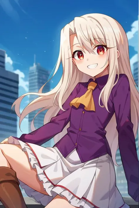 score_9, score_8_up, source_anime, 1girl, illyasvielvoneinzbern, illyasviel von einzbern, long hair, red eyes, white hair, skirt, shirt, long sleeves, boots, ascot, white skirt, frilled skirt, purple shirt, looking at viewer, smile, cityscape, blue sky <lora:illyasviel_von_einzbern-sdxl-nochekaiser-000008:1>