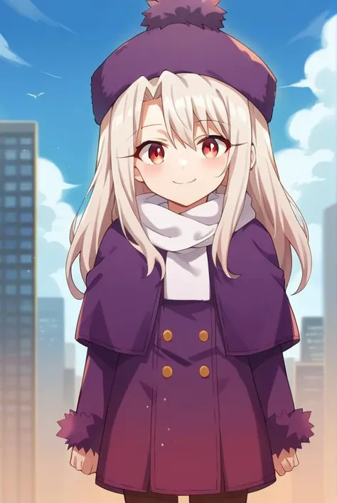 a girl in a purple coat and hat standing in front of a city