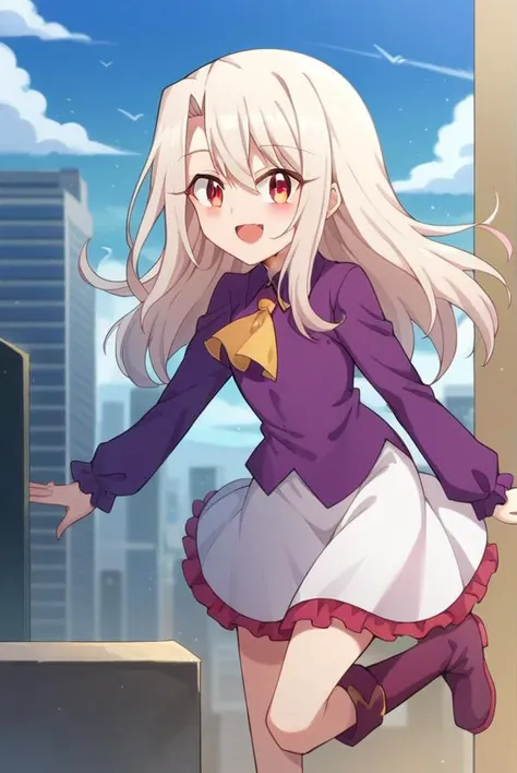 score_9, score_8_up, source_anime, 1girl, illyasvielvoneinzbern, illyasviel von einzbern, long hair, red eyes, white hair, skirt, shirt, long sleeves, boots, ascot, white skirt, frilled skirt, purple shirt, looking at viewer, smile, cityscape, blue sky <lora:illyasviel_von_einzbern-sdxl-nochekaiser-000008:1>