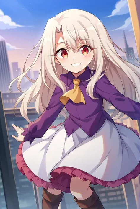 score_9, score_8_up, source_anime, 1girl, illyasvielvoneinzbern, illyasviel von einzbern, long hair, red eyes, white hair, skirt, shirt, long sleeves, boots, ascot, white skirt, frilled skirt, purple shirt, looking at viewer, smile, cityscape, blue sky <lora:illyasviel_von_einzbern-sdxl-nochekaiser-000008:1>