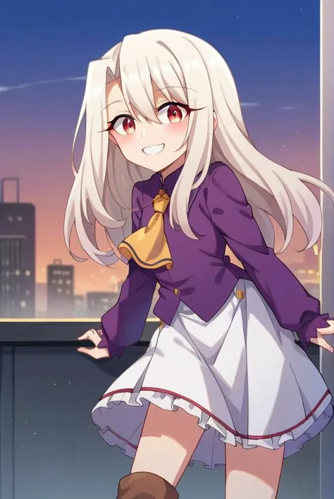 score_9, score_8_up, source_anime, 1girl, illyasvielvoneinzbern, illyasviel von einzbern, long hair, red eyes, white hair, skirt, shirt, long sleeves, boots, ascot, white skirt, frilled skirt, purple shirt, looking at viewer, smile, cityscape, blue sky <lora:illyasviel_von_einzbern-sdxl-nochekaiser-000008:1>
