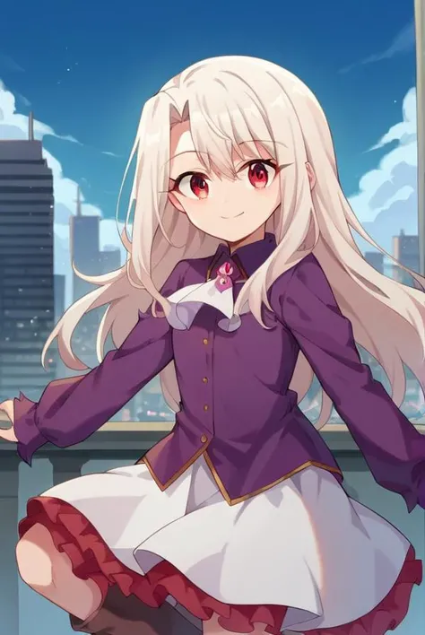 score_9, score_8_up, source_anime, 1girl, illyasvielvoninzbern, illyasviel von einzbern, long hair, (red eyes:1.5), white hair, skirt, shirt, long sleeves, boots, ascot, white skirt, frilled skirt, purple shirt, looking at viewer, smile, cityscape, blue sky <lora:illyasviel_von_einzbern-sdxl-nochekaiser-000008:1>