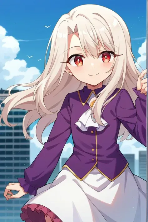 score_9, score_8_up, source_anime, 1girl, illyasvielvoneinzbern, illyasviel von einzbern, long hair, red eyes, white hair, skirt, shirt, long sleeves, boots, ascot, white skirt, frilled skirt, purple shirt, looking at viewer, smile, cityscape, blue sky <lora:illyasviel_von_einzbern-sdxl-nochekaiser-000008:1>