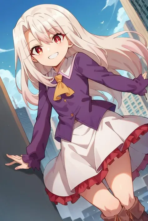 score_9, score_8_up, source_anime, 1girl, illyasvielvoninzbern, illyasviel von einzbern, long hair, (red eyes:1.5), white hair, skirt, shirt, long sleeves, boots, ascot, white skirt, frilled skirt, purple shirt, looking at viewer, smile, cityscape, blue sky <lora:illyasviel_von_einzbern-sdxl-nochekaiser-000008:1>