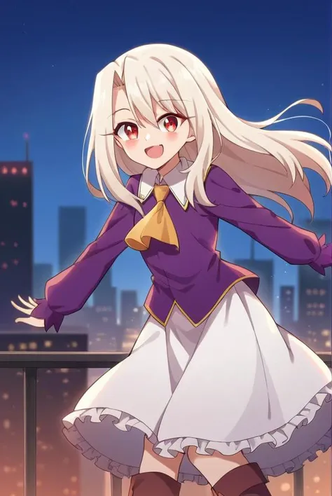 score_9, score_8_up, source_anime, 1girl, illyasvielvoneinzbern, illyasviel von einzbern, long hair, red eyes, white hair, skirt, shirt, long sleeves, boots, ascot, white skirt, frilled skirt, purple shirt, looking at viewer, smile, cityscape, blue sky <lora:illyasviel_von_einzbern-sdxl-nochekaiser-000008:1>