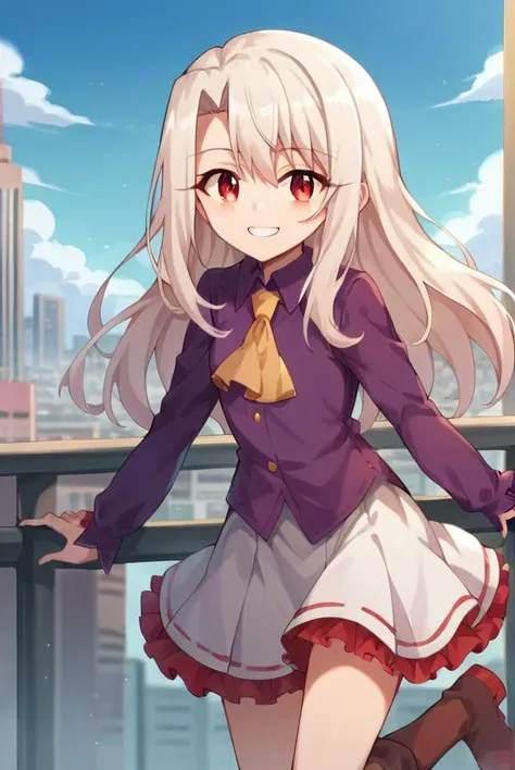 score_9, score_8_up, source_anime, 1girl, illyasvielvoninzbern, illyasviel von einzbern, long hair, (red eyes:1.5), white hair, skirt, shirt, long sleeves, boots, ascot, white skirt, frilled skirt, purple shirt, looking at viewer, smile, cityscape, blue sky <lora:Anime Boys Style SDXL_LoRA_20r_20e_8i_nr32_a16_Pony Diffusion V6 XL:0.4> <lora:illyasviel_von_einzbern-sdxl-nochekaiser-000008:1>