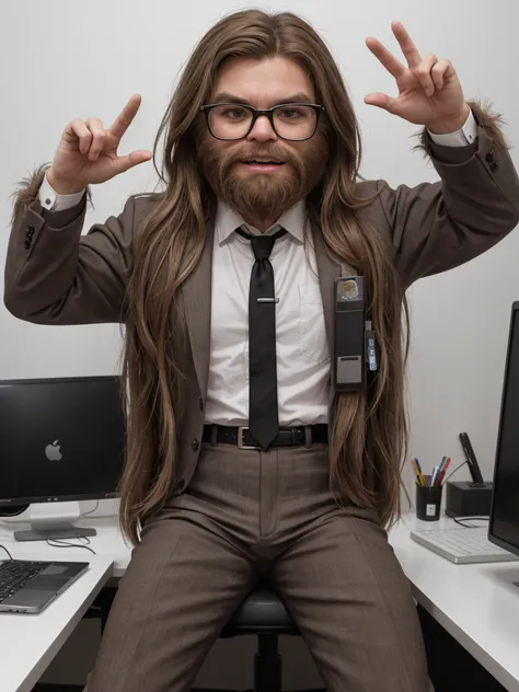 Professional absurdres intricately detailed photo of Chewbacca sitting in an office cubicle doing work, White cubicle wall with a calendar in the background, angry, raises hands, waves arms, angry movements, very angry expression, breaks computer, Chewbacca wearing a 3 piece suit with a bandolier, glasses,