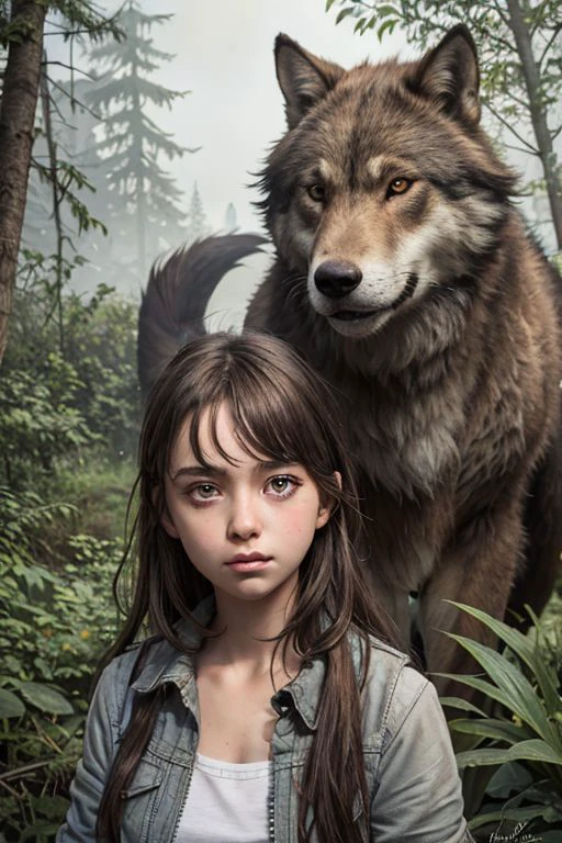 a 18 years old girl with a very big wolf as a friend, he is beautiful, he has grey eyes - they live in a post apocalytic world, covered by vegetation - aquarelle style