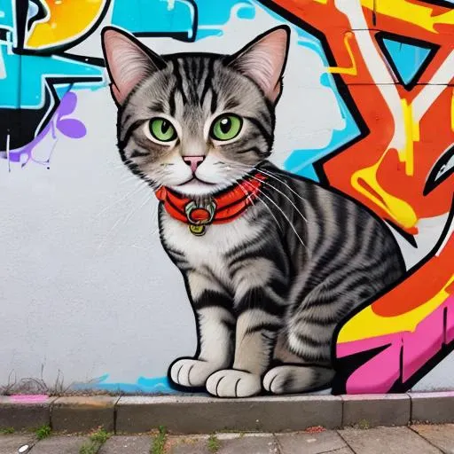 Graffiti style cat, . Street art, vibrant, urban, detailed, tag, mural