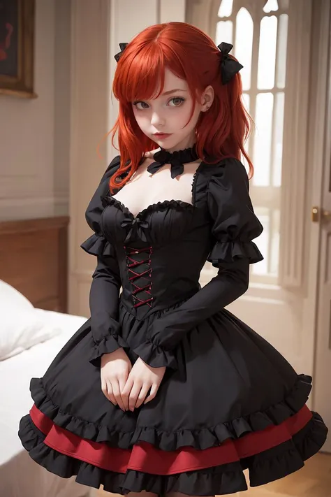 (masterpiece, best quality), 1girl, red hair, medium chest, gothic frill dress, pervert face,