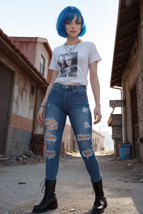 PI, the sassy witty breathtaking beautiful hardcore girl, (bright blue eyes), rainbow-colored Bob with Bangs Hairstyle, a smirk on her face, torn jeans, combat boots, âAnthraxâ shirt, Ankh necklace, around 20 years old, medium breasts, battle-worn combat armor, Fallout, full body, post-apocalyptic wastelands, wind, dramatic-light, best quality, high resolution, masterpiece, cinematic-lighting, detailed shadow, ultra high detailed, hyperrealistic, anime, futuristic, centered, intricate, vibrant, comprehensive cinematic, precise lineart , perfect-picture