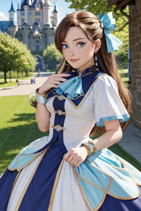 masterpiece, (Best quality:1.2), highres, (scenary:1.2), light, 1girl, solo, KatarinaClaes, asymmetrical bangs, earrings, hair bow, blue dress, long dress, high collar, ascot, brooch, white gloves, bracelet, scenary /( Royalty castle/), ruffles,