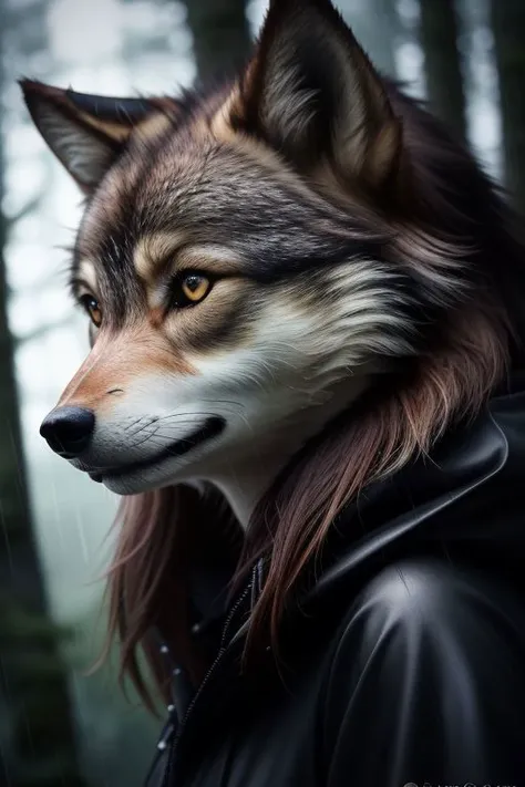 (dynamic angle:1.1), (cute face:1.2), dark sky, (nighttime:1.2), (rainy weather:1.2), detailed skin texture, furry, looking to the side, volumetric light, masterpiece, best quality, intricate details, subsurface scattering, young girl standing next a wolf, in the forrest