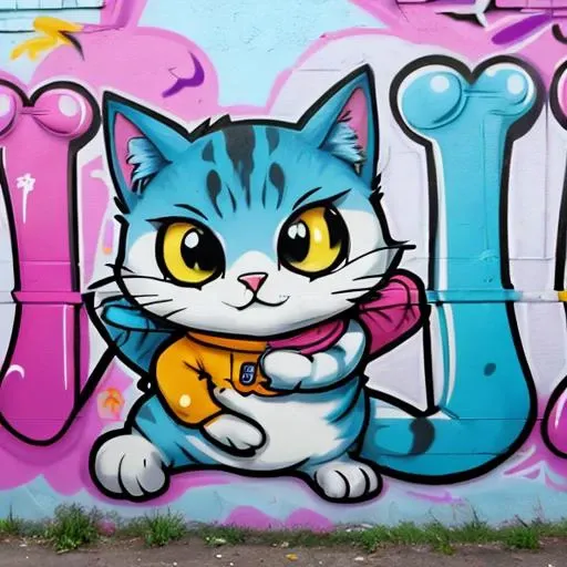 Graffiti style cat, . Street art, vibrant, urban, detailed, tag, mural