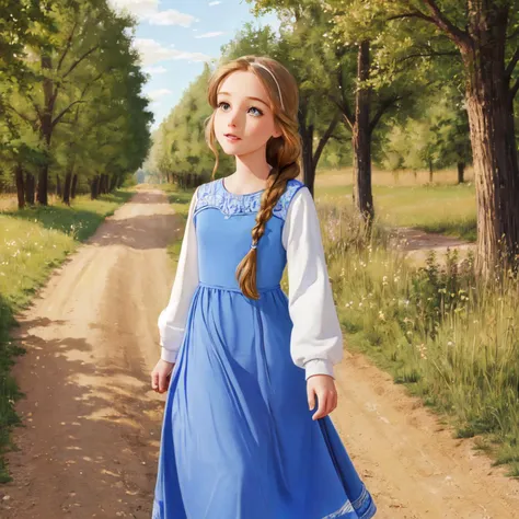 masterpiece,high quality,absurdres,<lora:princess_calla_v1:0.6>,princess calla,blue dress,single braid,white long sleeves,walking down a dirt road,dirt road,trees,grass,gummy bears,looking at viewer,